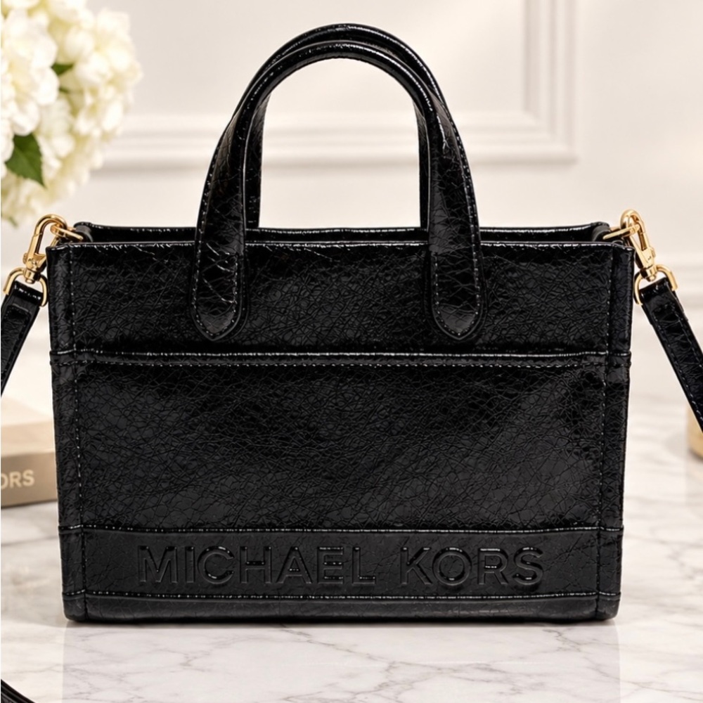 MICHAEL KORS Gigi Small Black Tote Bag Embossed Logo Gold Hardware